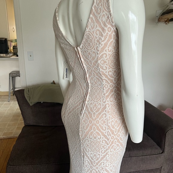 Nude maxi dress with white lace design. - Picture 1 of 3